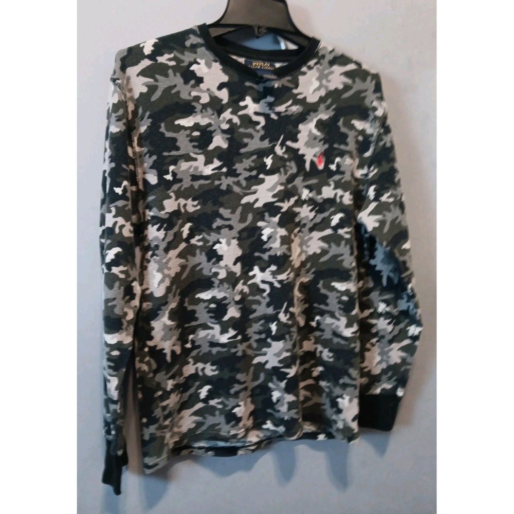 Ralph Lauren Green Camo Waffle Knit Thermal Shirt Mens L Long Sleeve Red Pony